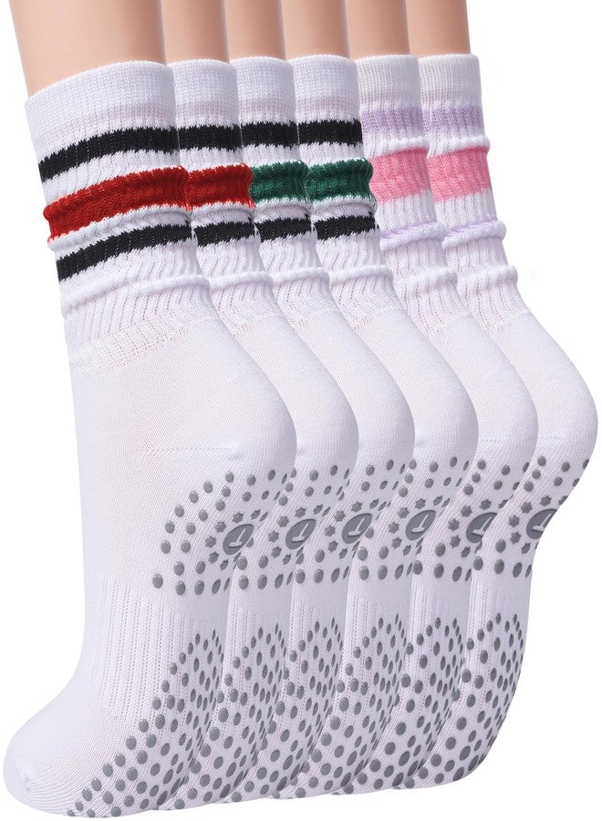 floconssy Slouch Pilates Socks with Grips for Women, Christmas Striped Yoga Non Slip Scrunch Crew Socks Slipper Footies for Barre Hospital Workout 3 Pairs White - Image 1